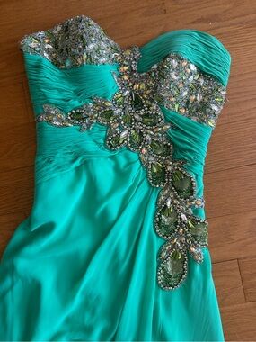 Jovani Strapless Beaded Teal Evening Gown